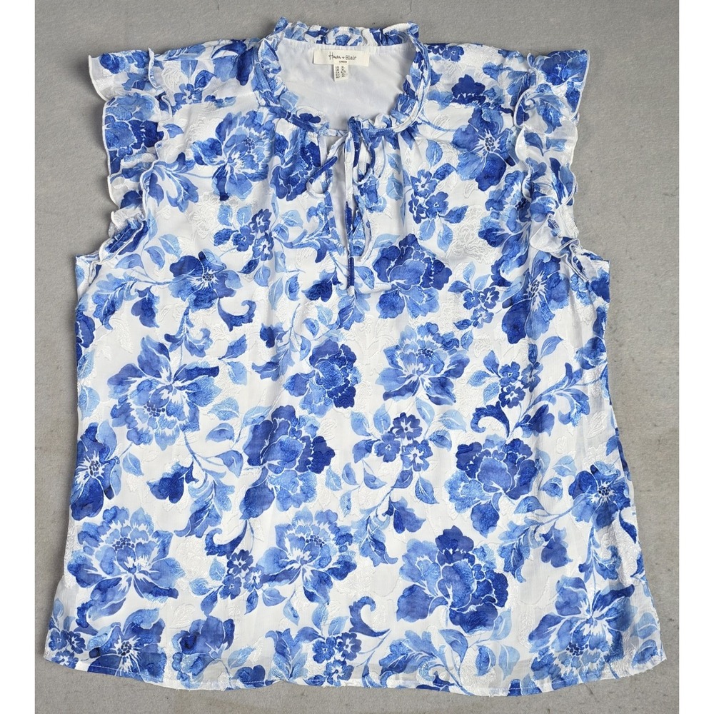 Women's Haver + Blair London Floral Ruffle Tie Neck Blouse White Blue XL